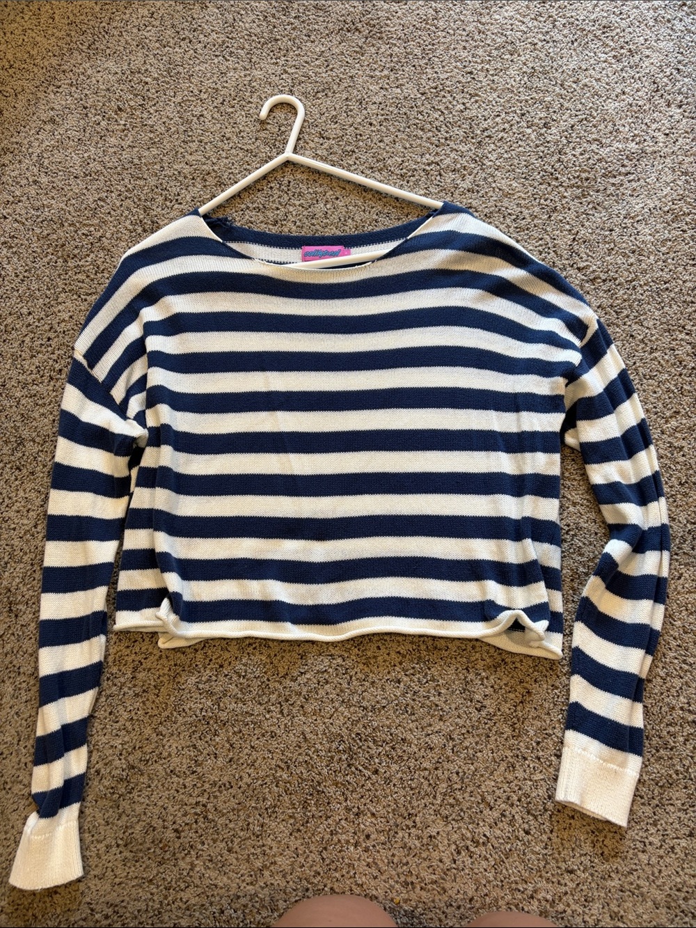 Edikted Navy and White Off-the-Shoulder Striped Sweater